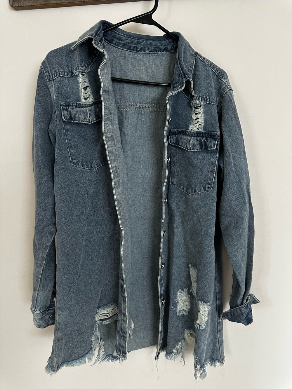 Distressed Denim Shacket - Washed Blue